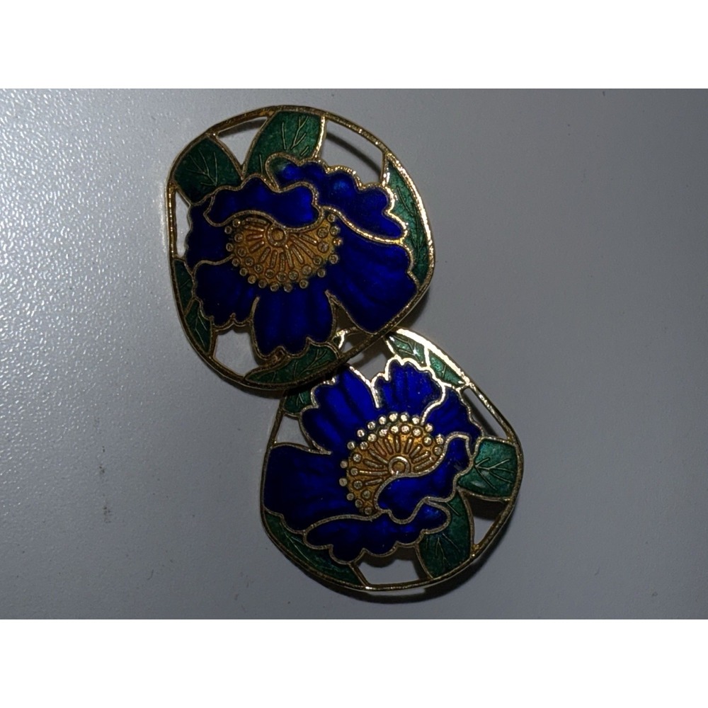 Vintage Round Cloisonne Earrings Floral Cutout Blue Green Gold Clip On